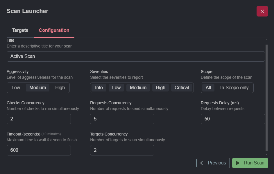 The configuration options available to active scans.